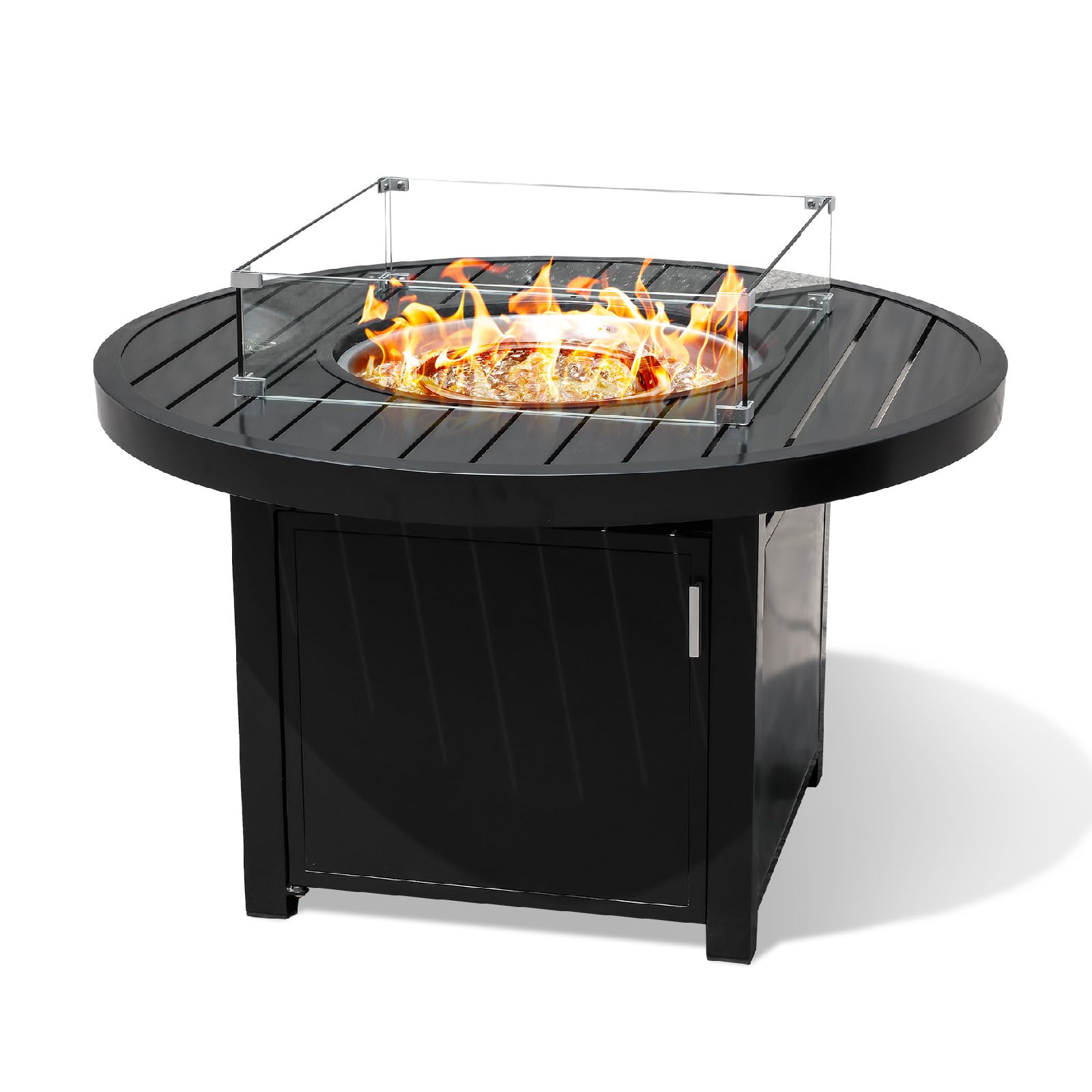 Aluminum 42-inch round outdoor fire pit table with visible flames and a glass windguard, perfect for patios in Oakville, Ontario.