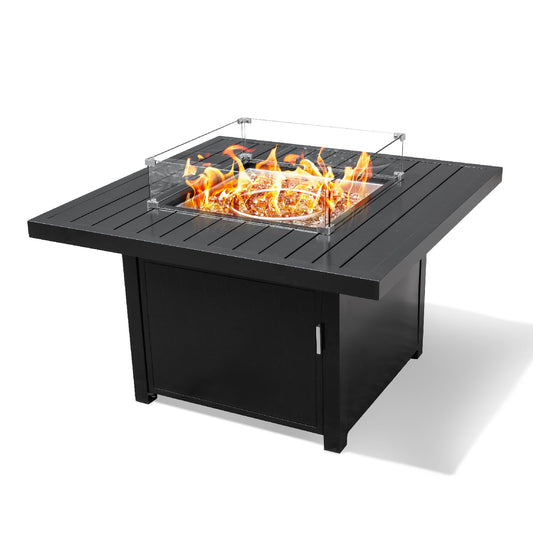 Square aluminum propane fire pit table with flames burning, ideal for outdoor gatherings in Oakville, Ontario.