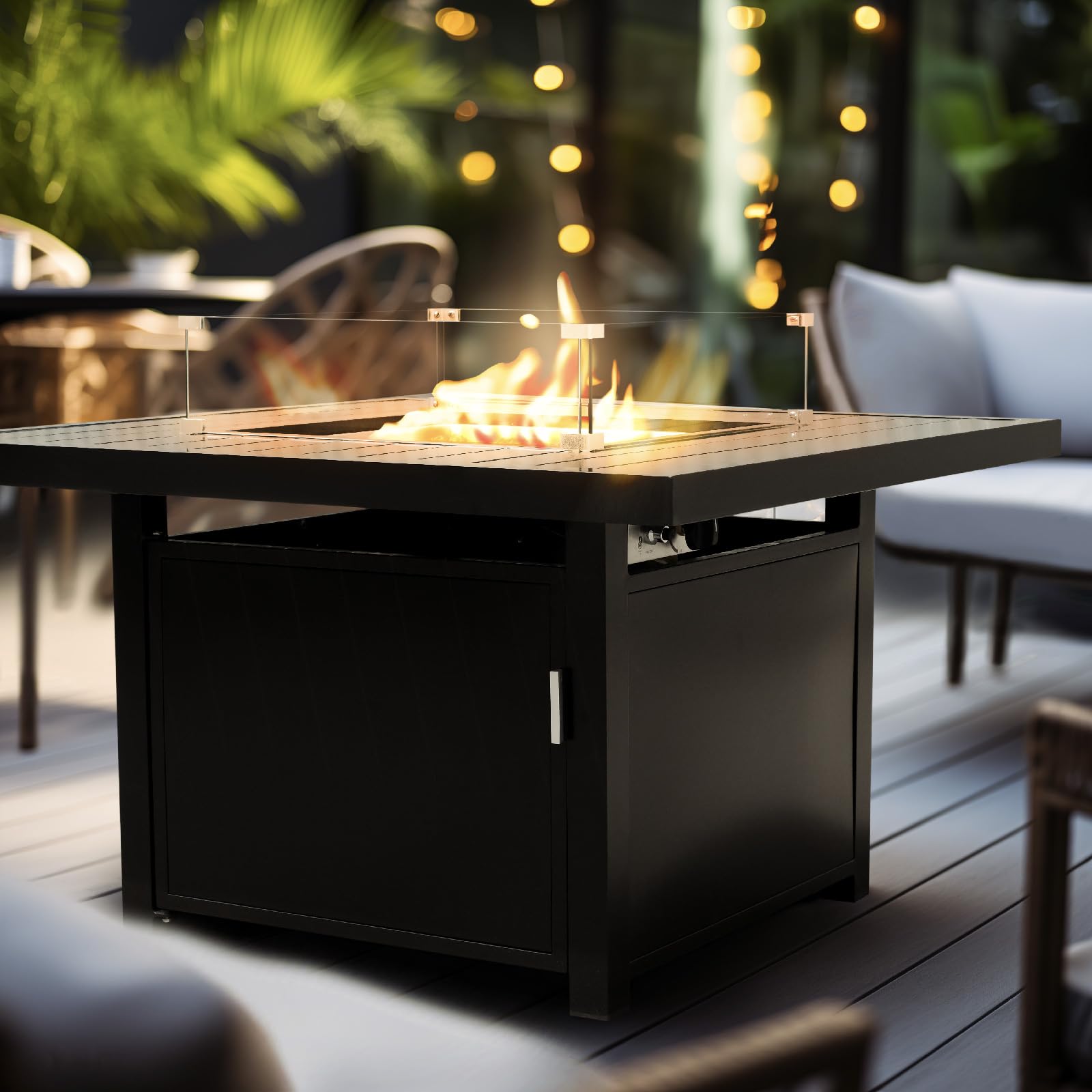 Beautifully showcased aluminum 48-inch rectangular propane fire pit table with sofas and greenery in the background, perfect for Oakville, Ontario patios.