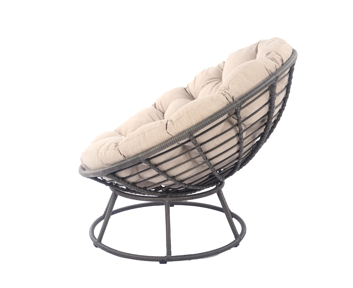 Left side view of a Blakeley Papasan chair showcasing its resilient resin wicker and deep-seating design for outdoor relaxation in Oakville, Ontario.