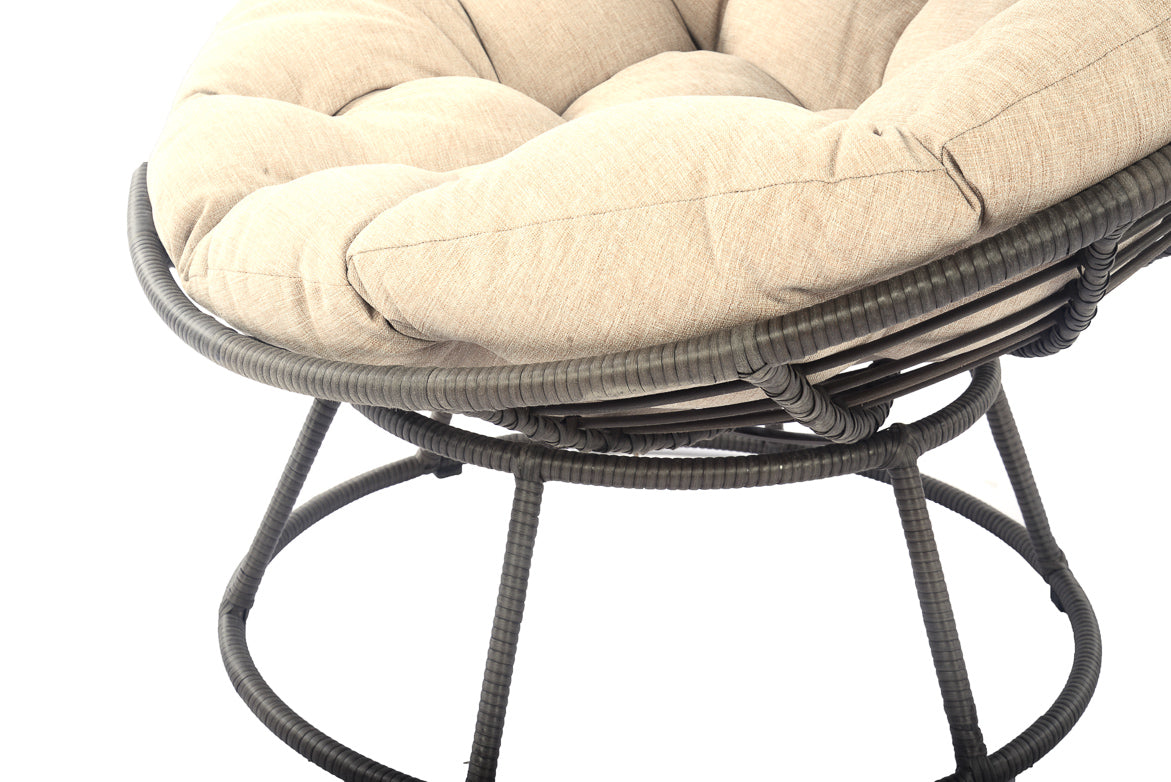 Close-up of Blakeley Papasan chair cushion with tie-downs and durable wicker frame, designed for outdoor use in Oakville, Ontario.