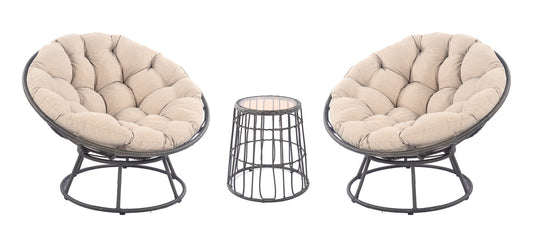 Blakeley 3-piece wicker outdoor bistro set featuring two Papasan chairs with plush weather-resistant cushions and a glass-top table, ideal for patios in Oakville, Ontario.