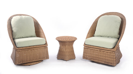 Emmett 3-piece wicker outdoor swivel chair bistro set with smooth 360° swivel base, plush, weather-resistant cushions, perfect for Oakville patios.