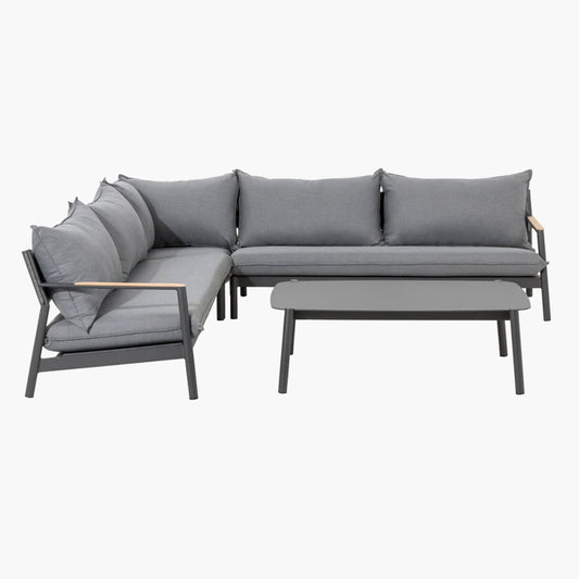 Monti sectional set with teak wood armrests, frosted glass coffee table, and Sunproof® cushions in dark grey finish.