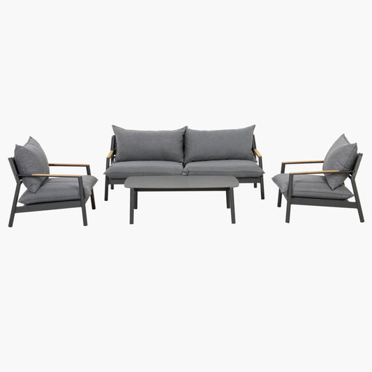 Aluminum frame with teak wood inserts and plush Sunproof® VENAO 167 fabric cushions. Includes club chairs, loveseat, and frosted glass coffee table.