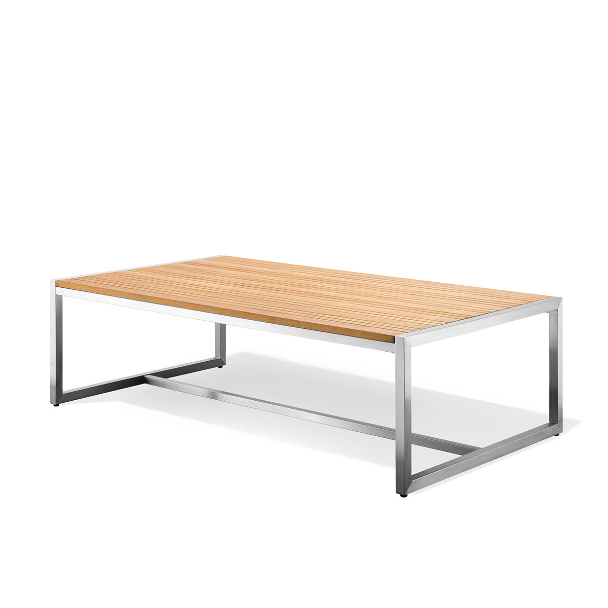 Acacia coffee table with teak wood top and stainless steel frame, perfect for indoor and outdoor use.