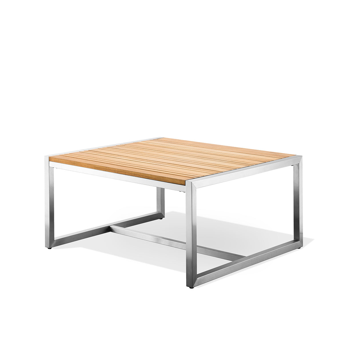 Acacia outdoor end table with sleek stainless steel frame and premium-grade teak wood top, showcasing a modern design.