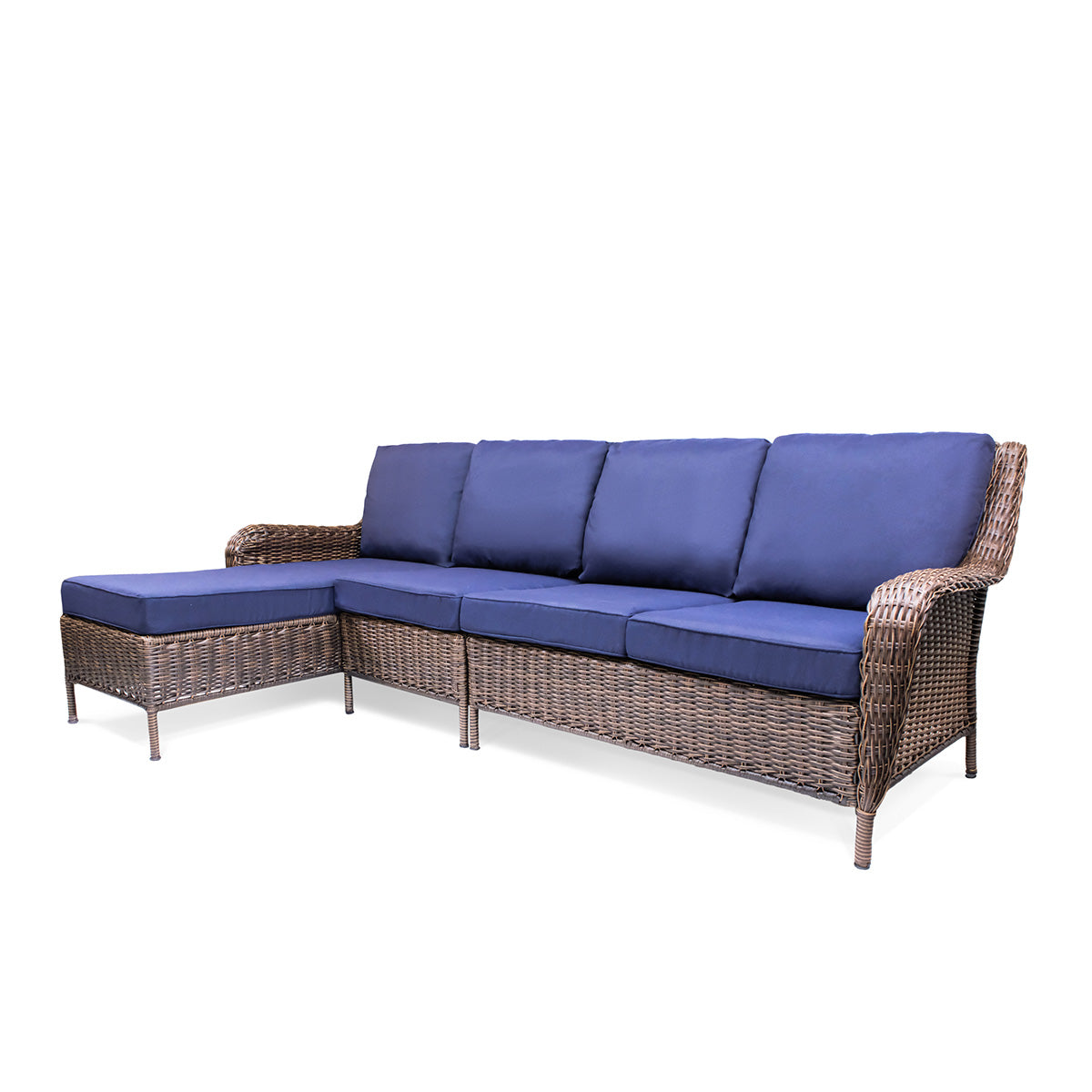 Cambridge sectional set showcasing the left arm chaise, middle armless chair, and right arm loveseat with plush cushions, all-weather wicker.