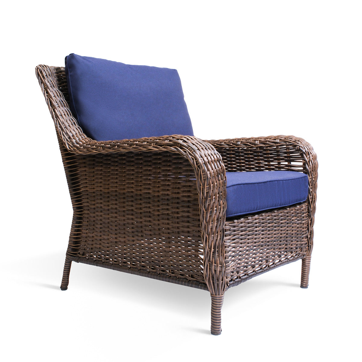 Side view of the Cambridge Wicker Outdoor Club Chair showing the gently curving arms and deep seating, available in Oakville, ON.