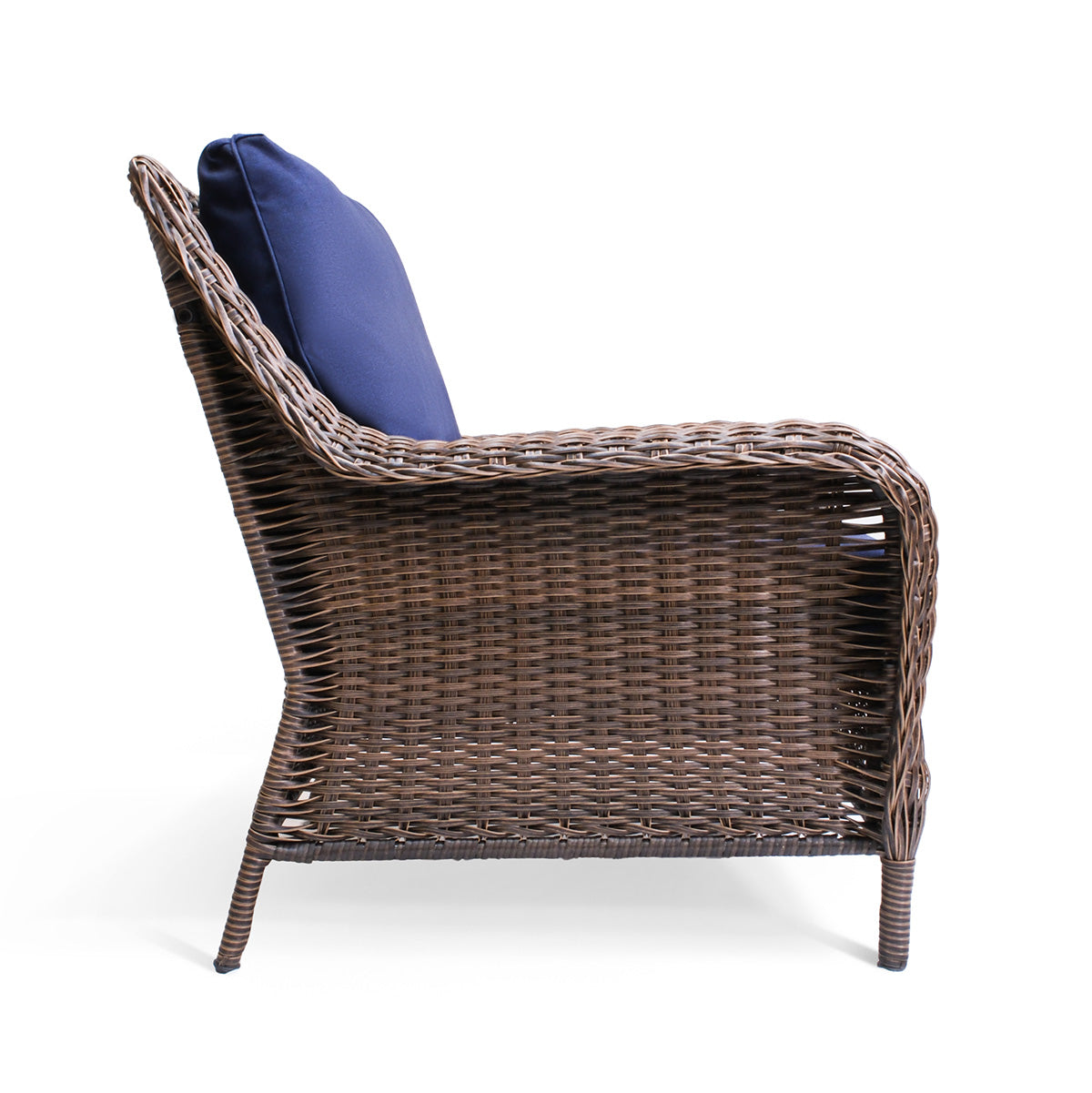 Side view of the Cambridge Wicker Outdoor Club Chair, showcasing its sleek design and plush, weather-resistant cushions, available in Oakville, ON.