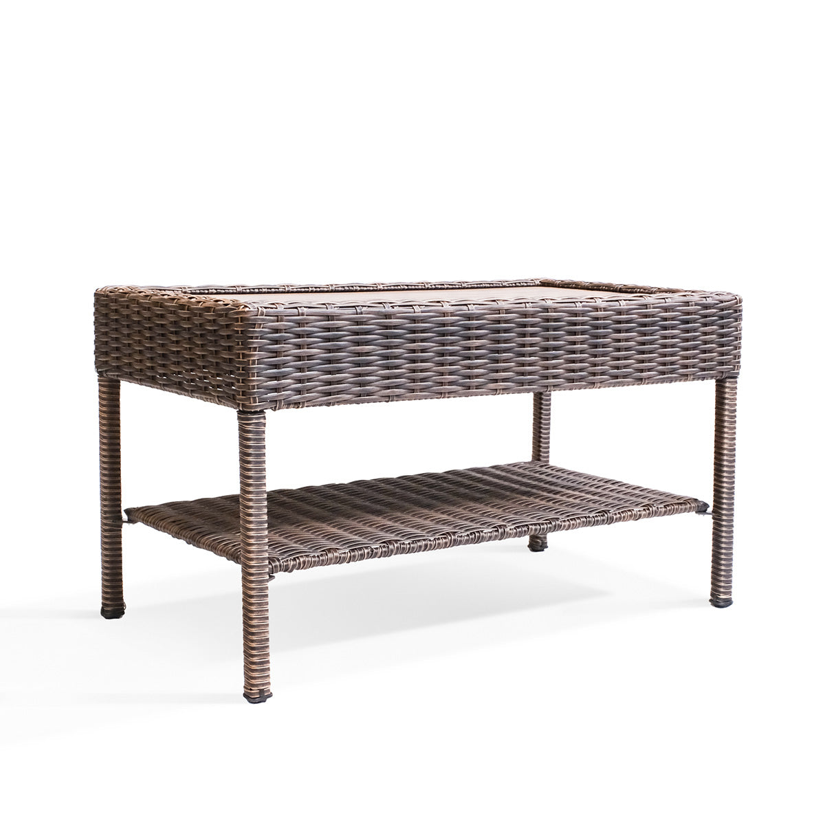 Cambridge Wicker Outdoor Coffee Table shown from a slight side angle, highlighting its all-weather resin wicker, powder-coated frame, and built-in shelf.