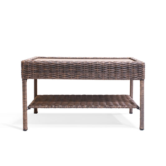 Cambridge Wicker Outdoor Coffee Table with all-weather resin wicker, powder-coated frame, slatted top, and built-in shelf. Perfect for Oakville, ON.