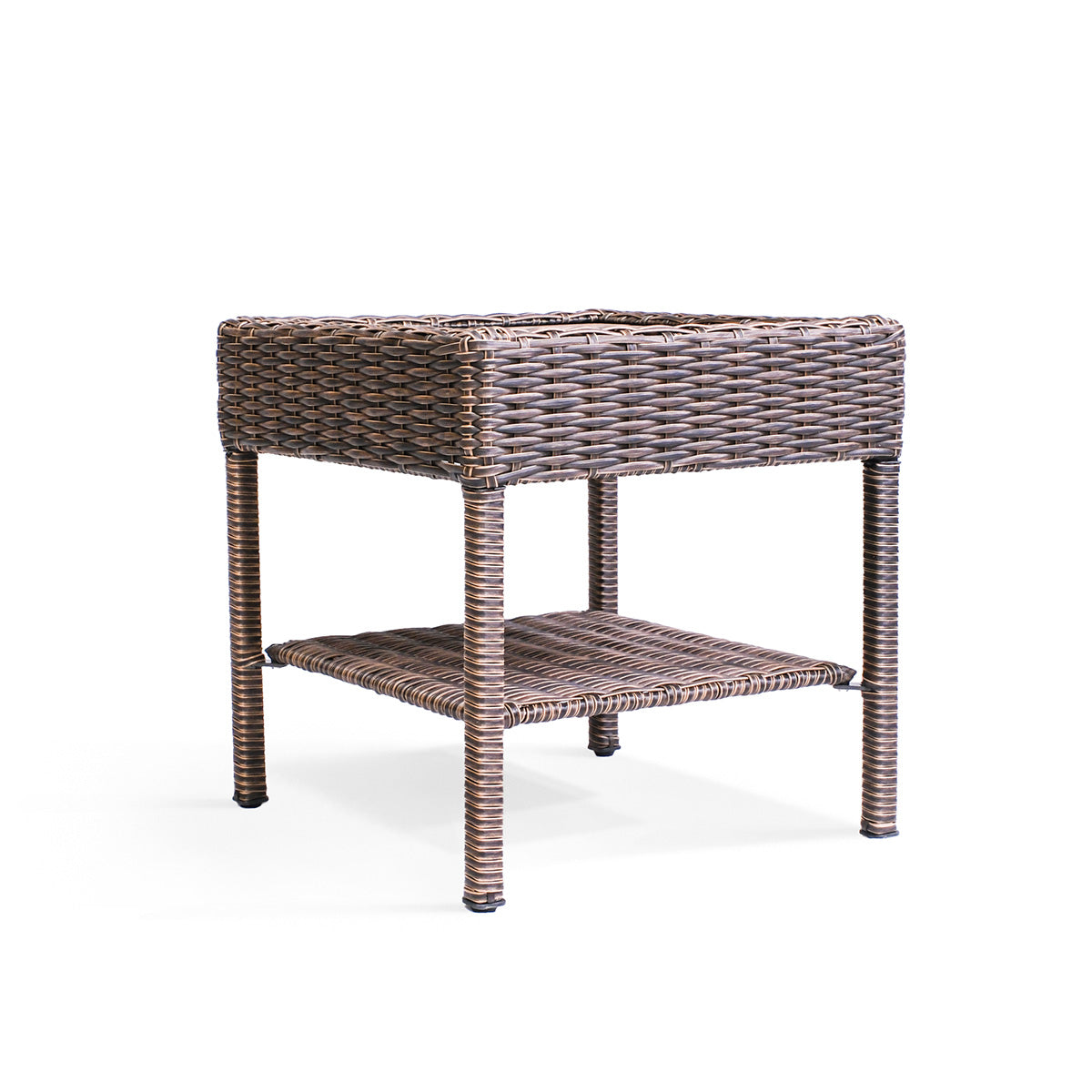 Cambridge Wicker Outdoor End Table corner side view showing full table with slatted top and built-in shelf in Oakville, ON.