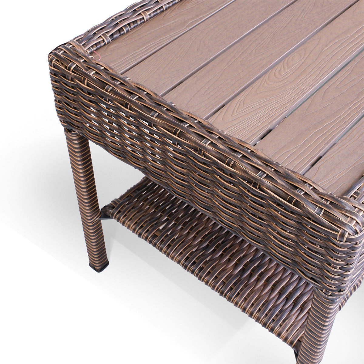 Cambridge Wicker Outdoor Coffee Table shown from top side view, emphasizing the slatted top design and discreet built-in shelf for storage.