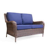 Cambridge Wicker Outdoor Loveseat side view showing plush cushions and all-weather wicker frame in Oakville, ON.