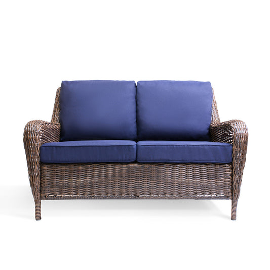 Cambridge Wicker Outdoor Loveseat with plush weather-resistant cushions and all-weather resin wicker frame in Oakville, ON.