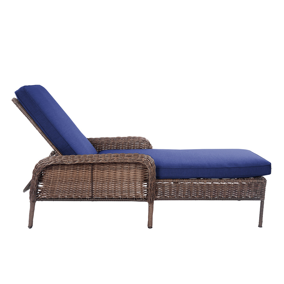 Left side view of Cambridge wicker outdoor chaise lounge with weather-resistant cushions and sturdy steel frame in Oakville, ON.