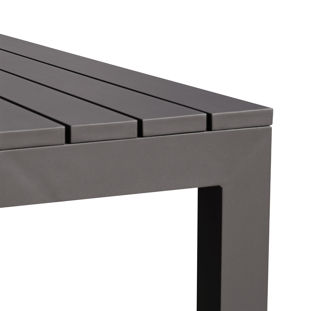 Close-up corner view of the Cosmos 90" aluminum outdoor dining table, showing slatted top and sturdy frame.