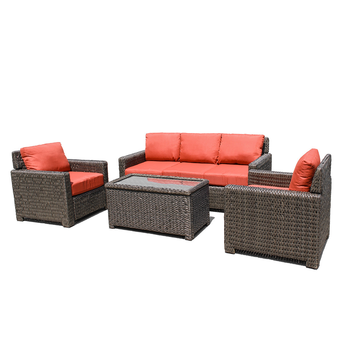 Laguna Point 4-Piece Wicker Outdoor Conversational Set with 2 club chairs, sofa, and storage chest coffee table, dark brown wicker and weather-resistant cushions, Oakville, ON.