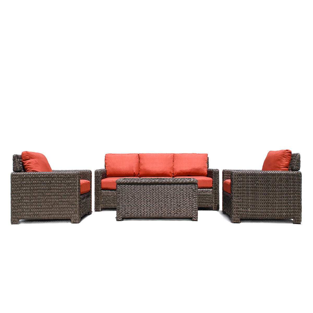 Front view of Laguna Point 4-Piece Wicker Outdoor Sofa set with dark brown wicker frame, plush weather-resistant cushions, and spacious seating, Oakville, ON