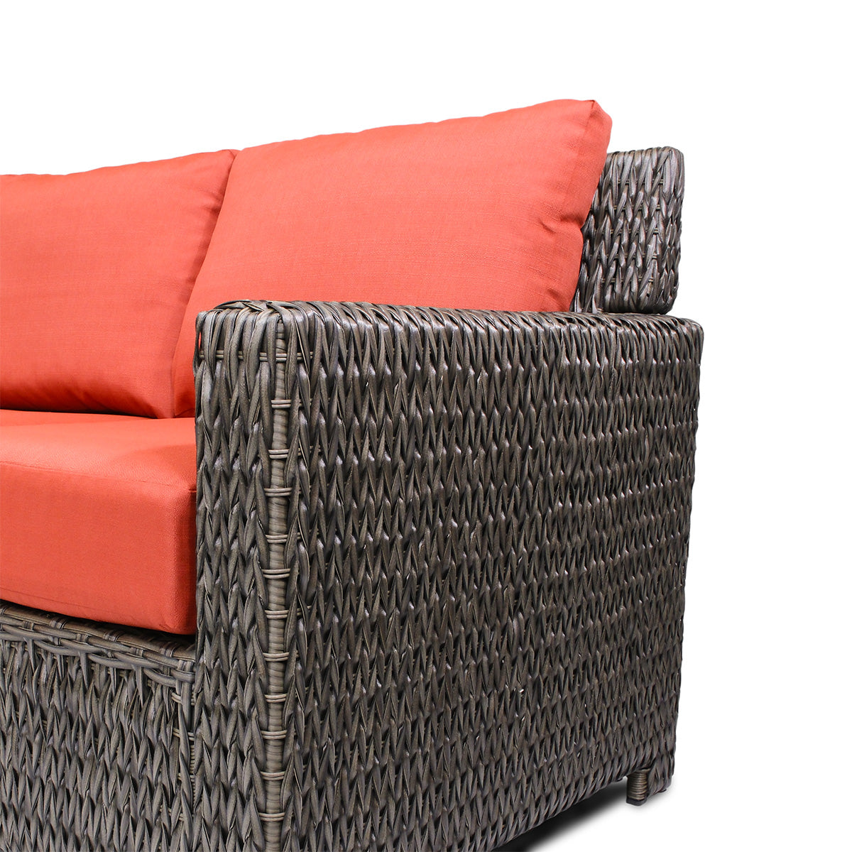 Close-up of the corner part of Laguna Point Sofa with dark brown wicker frame and plush weather-resistant cushions, Oakville, ON