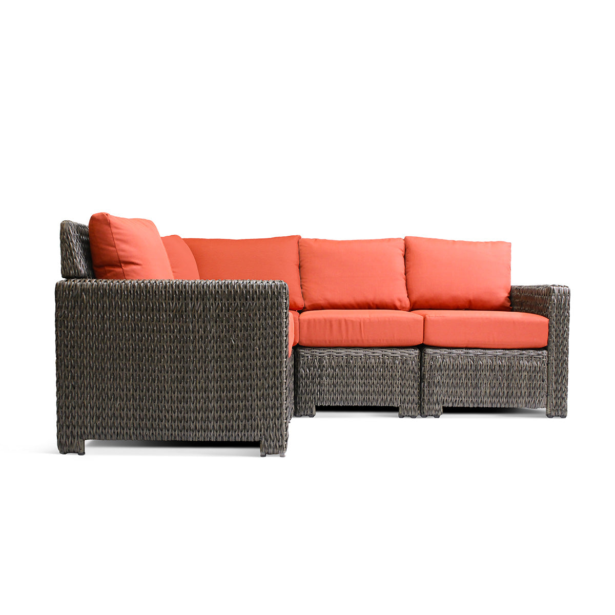 Laguna Point 4-Piece Wicker Outdoor Sectional Set in glossy brown wicker, modular design, vibrant cushions, ideal for Toronto patios.