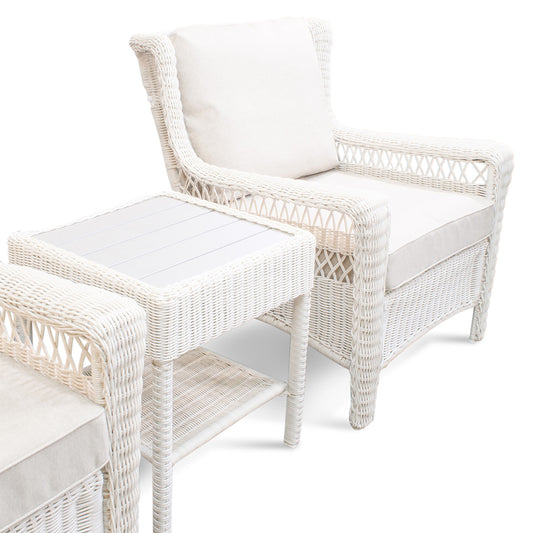 Close-up of Park Meadows 3-Piece Wicker Outdoor Bistro Set, featuring a table and chairs with white cream finish, perfect for outdoor spaces in Oakville.