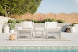 Park Meadows 3-Piece White Outdoor Wicker Bistro Set showcased by the pool with a boundary wall and home tree in the background, creating a serene outdoor space.