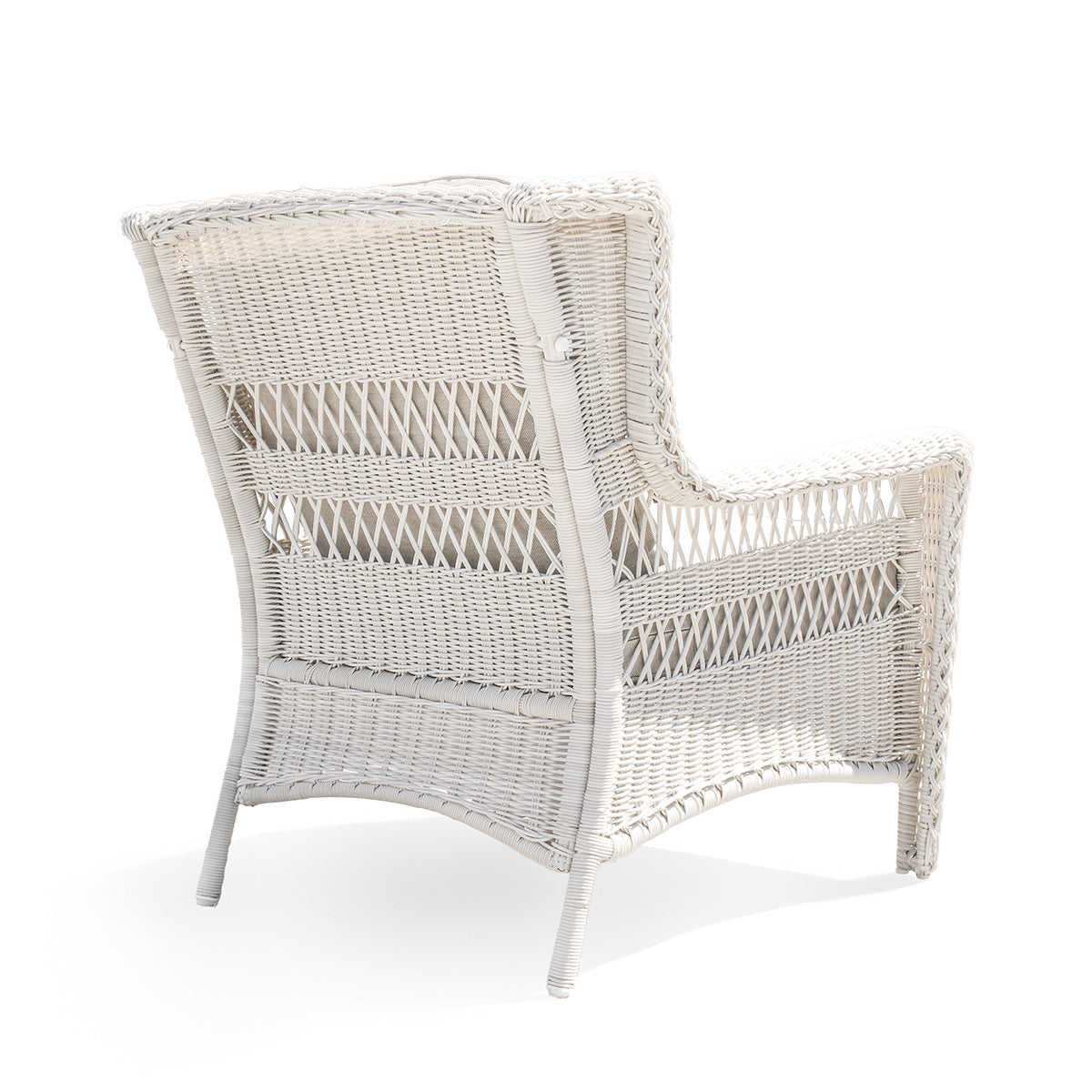 Park Meadows Wicker Outdoor Club Chair viewed from the back, showing diamond weave details on the sides and back with wide arms. Oakville, ON.