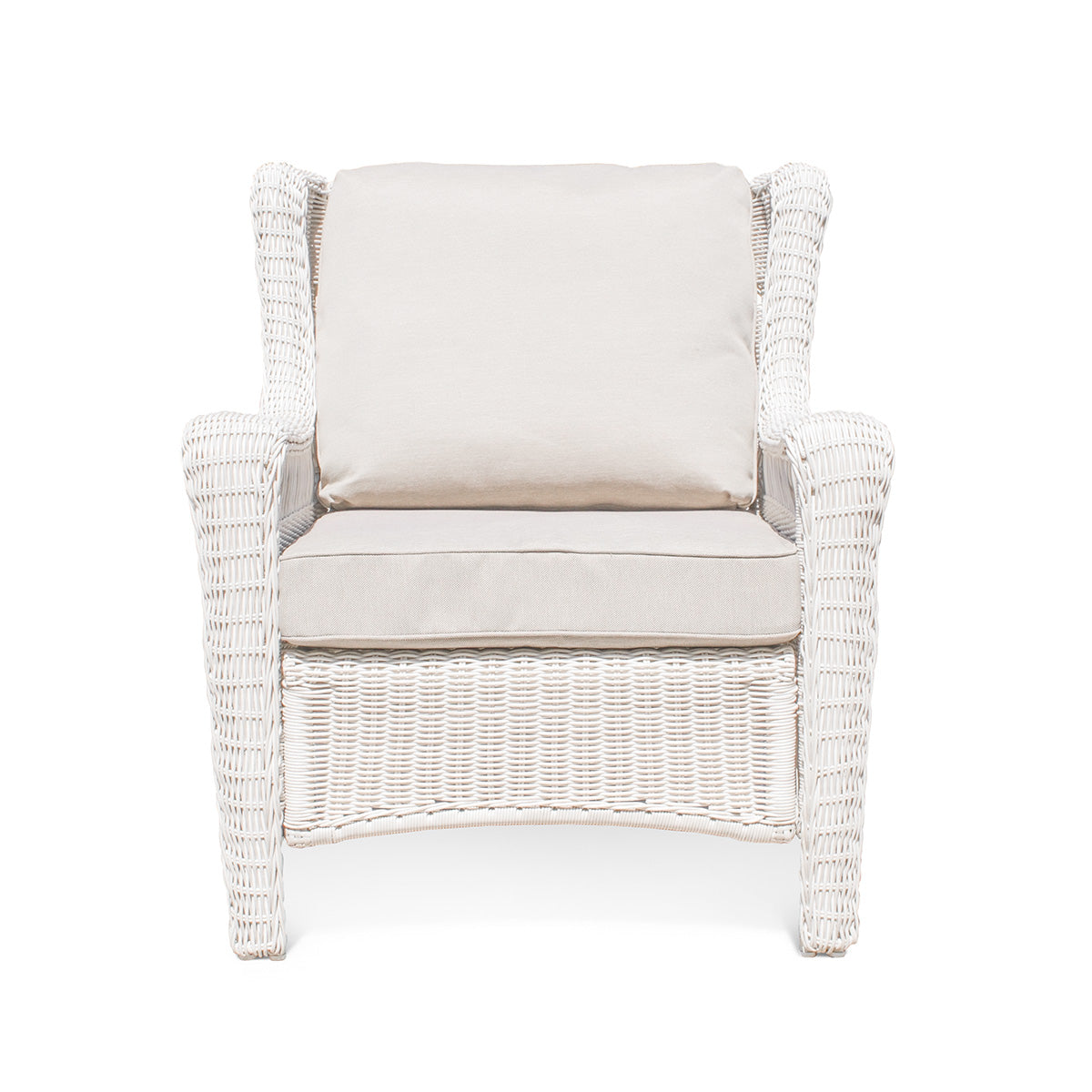 Park Meadows Wicker Outdoor Club Chair in white cream finish, featuring diamond weave details, wide arms, and deep seating. Oakville, ON.