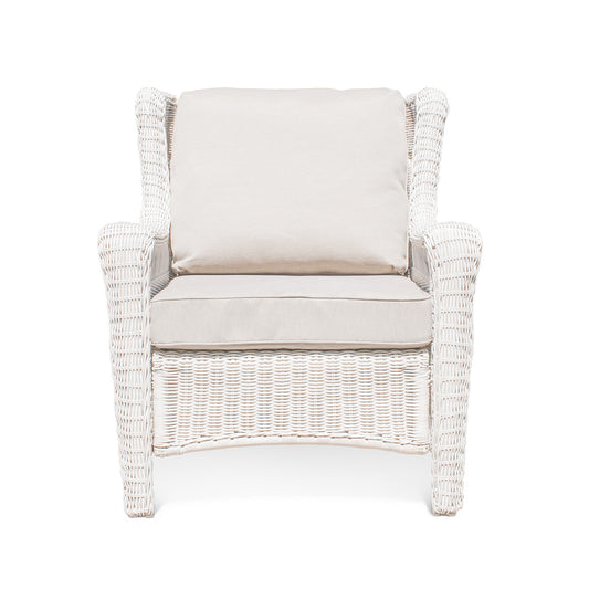 Park Meadows Wicker Outdoor Club Chair in white cream finish, featuring diamond weave details, wide arms, and deep seating. Oakville, ON.