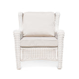 Park Meadows Wicker Outdoor Club Chair in white cream finish, featuring diamond weave details, wide arms, and deep seating. Oakville, ON.