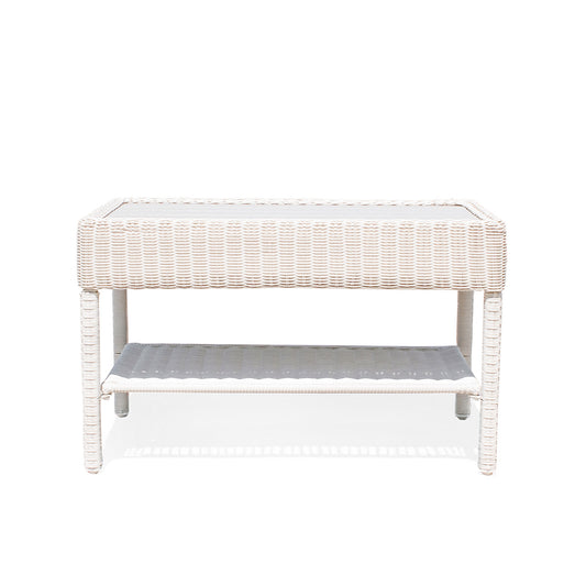 Park Meadows Wicker Outdoor Coffee Table in white cream finish with slatted top, built-in shelf, and robust resin wicker. Perfect for outdoor spaces in Oakville, ON.