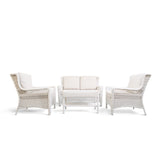 Park Meadows 4-Piece Wicker Outdoor Set in white cream, featuring 2 chairs, loveseat, coffee table, weather-resistant cushions, and wide arms.