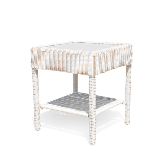 Side view of Park Meadows Wicker Outdoor End Table with all-weather resin wicker, slatted top, and discreet built-in shelf, Oakville, ON.