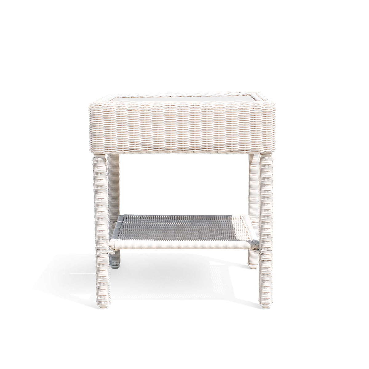 Park Meadows Wicker Outdoor End Table with all-weather resin wicker, powder-coated steel frame, slatted top, and built-in shelf, Oakville, ON.