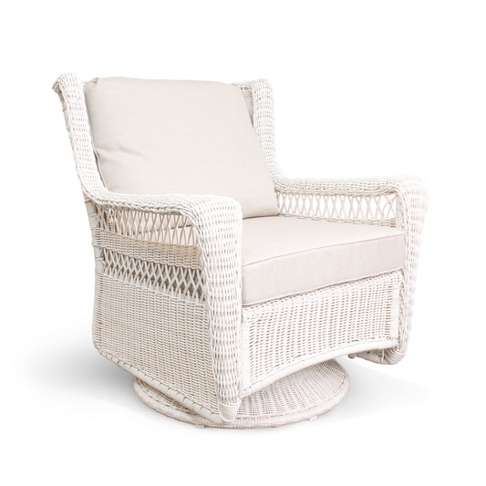 Park Meadows Wicker Outdoor Swivel Chair from right corner, showcasing diamond weave and swivel base, in Applewood, ON.