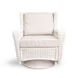 Park Meadows Wicker Outdoor Swivel Chair with diamond weave, weather-resistant cushions, and smooth 360° swivel, set in Oakville, ON.