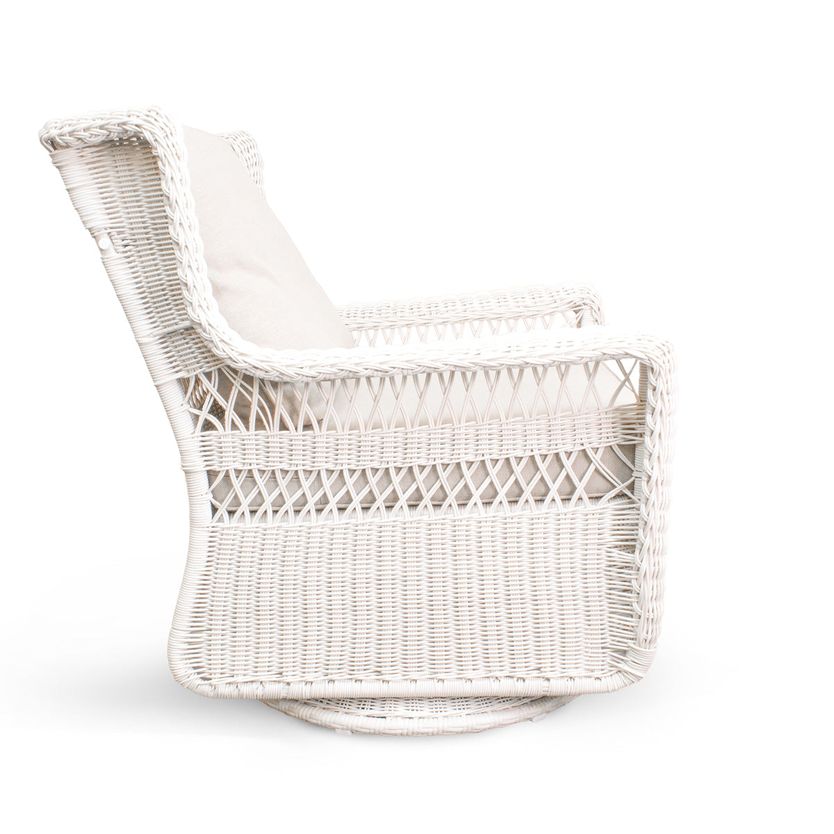 Park Meadows Wicker Outdoor Swivel Chair from right side, featuring diamond weave and swivel base, in Central Erin Mills.