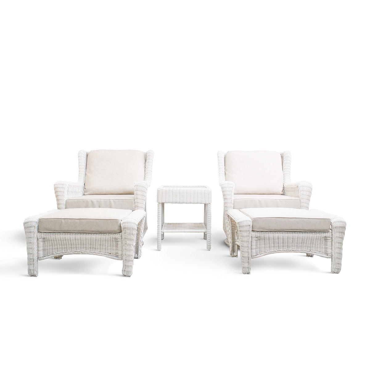 Park Meadows 5-Piece Wicker Swivel Chair Bistro Set with 2 Swivel Gliders, 2 Ottomans, and End Table in Oakville.