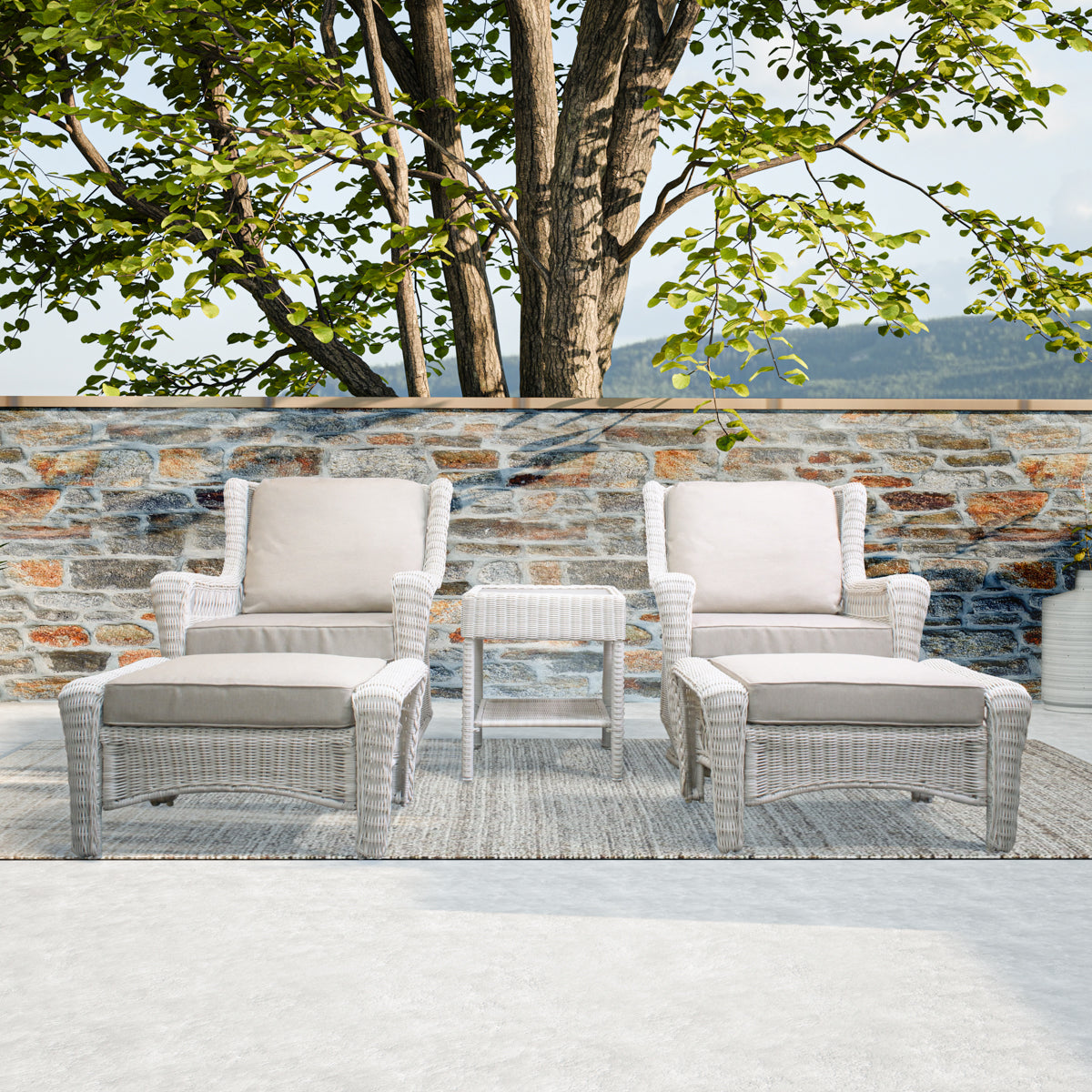 Park Meadows 5-Piece Wicker Outdoor Swivel Chair Bistro Set showcased with a half wall, roof, trees, and distant mountain view. Oakville, ON.