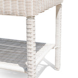 Downward side view of Park Meadows Wicker Outdoor End Table showcasing the slatted top, all-weather resin wicker, and sturdy powder-coated steel frame, Oakville, ON.