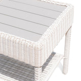 Upper side view of Park Meadows Wicker Outdoor End Table showing slatted top, all-weather resin wicker, and built-in shelf, Oakville, ON.