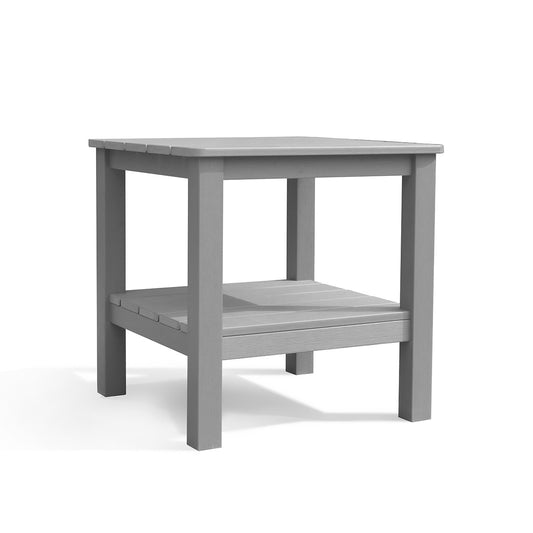 Polymer Outdoor End Table with shelf in gray, made from recycled plastic with a wood grain finish and sturdy design, Oakville, ON.