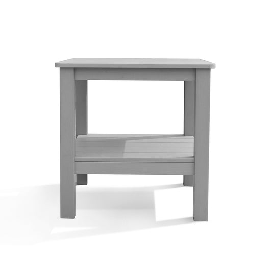 Polymer Outdoor End Table with shelf in gray, featuring a wood grain finish, recycled plastic construction, and sturdy design, Oakville, ON.