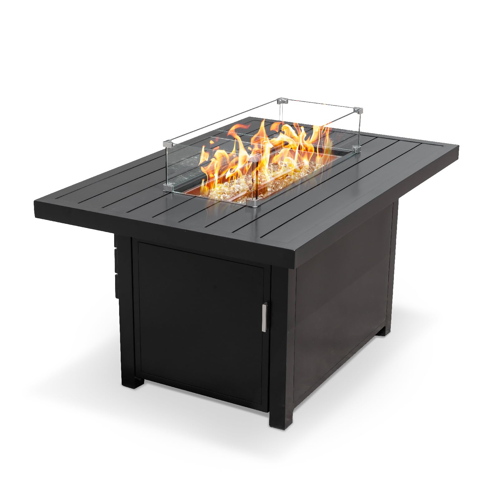 Full view of the burning aluminum 48-inch rectangular propane fire pit table, ideal for cozy outdoor gatherings in Oakville, Ontario.