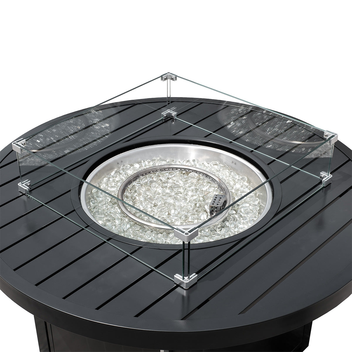 Close-up of aluminum 42-inch round fire pit table with glass windguard and burner, designed for Oakville, Ontario patios.