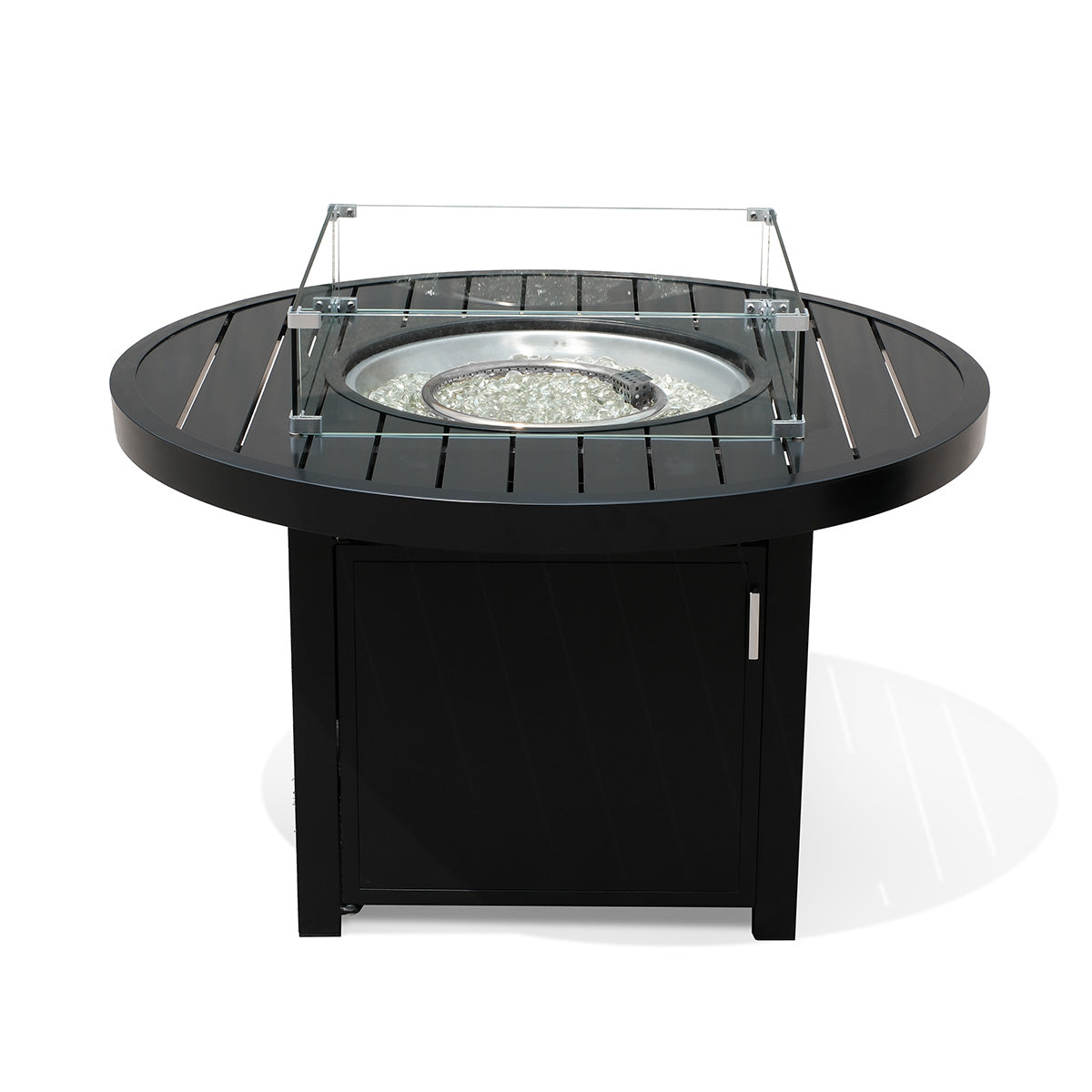 Aluminum 42-inch round outdoor fire pit table with glass windguard and glass beads, perfect for patios in Oakville, Ontario.