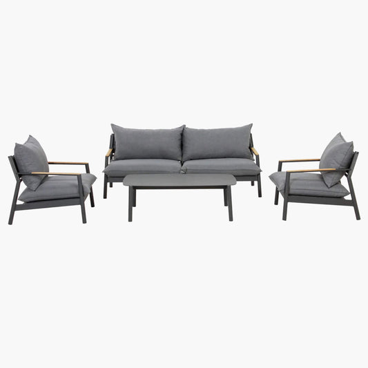 Full view of Monti 4-piece set, including loveseat, 2 club chairs, and coffee table with dark grey frame and Sunproof® cushions.